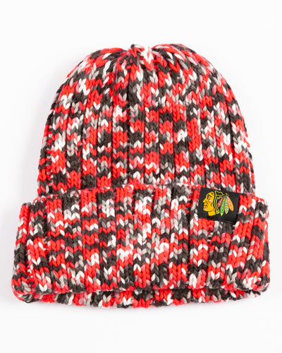 multicolor Mitchell & Ness knit beanie with Chicago Blackhawks tag adorning cuff - front lay flat