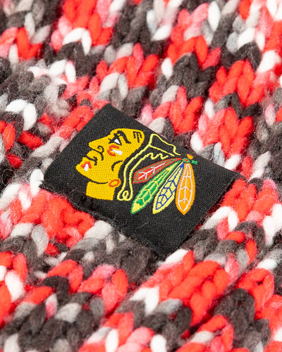 multicolor Mitchell & Ness knit beanie with Chicago Blackhawks tag adorning cuff - detail lay flat