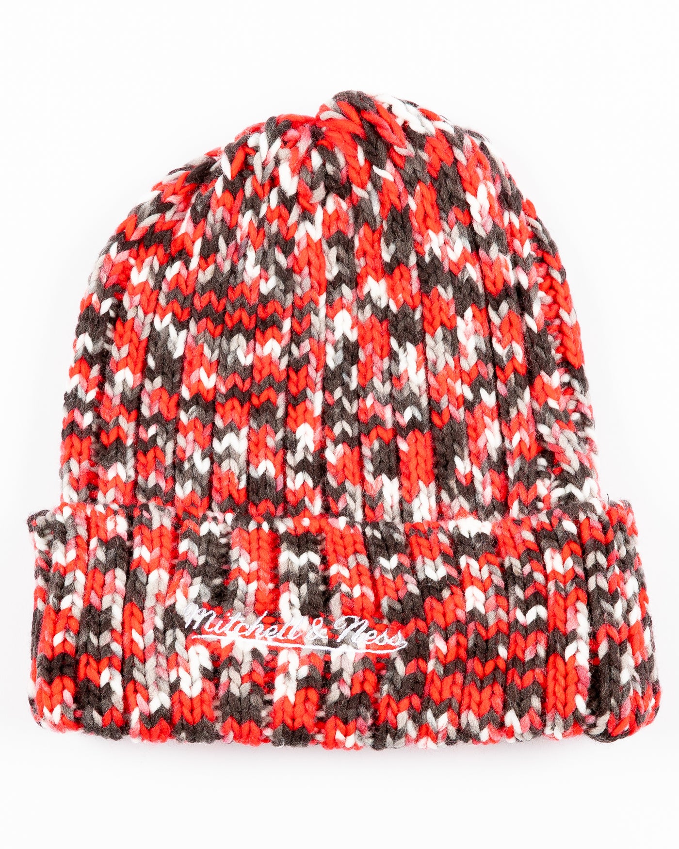 multicolor Mitchell & Ness knit beanie with Chicago Blackhawks tag adorning cuff - back  lay flat