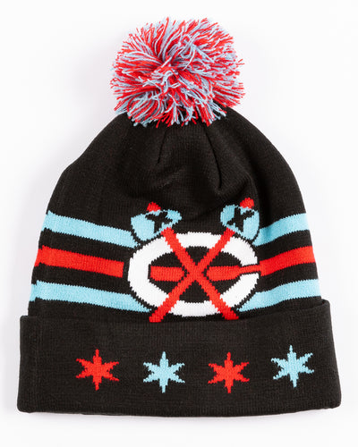 black knit hat with Chicago Blackhawks secondary logo and Chicago flag inspired accents - front lay flat