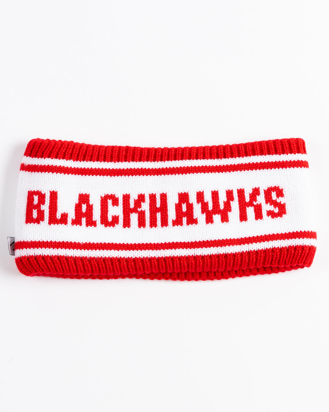 red and white Zoozatz knit headband with Chicago Blackhawks wordmark - front lay flat