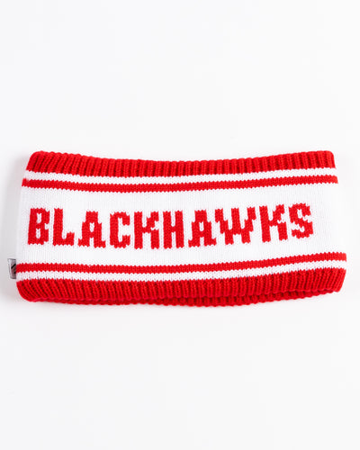 red and white Zoozatz knit headband with Chicago Blackhawks wordmark - front lay flat