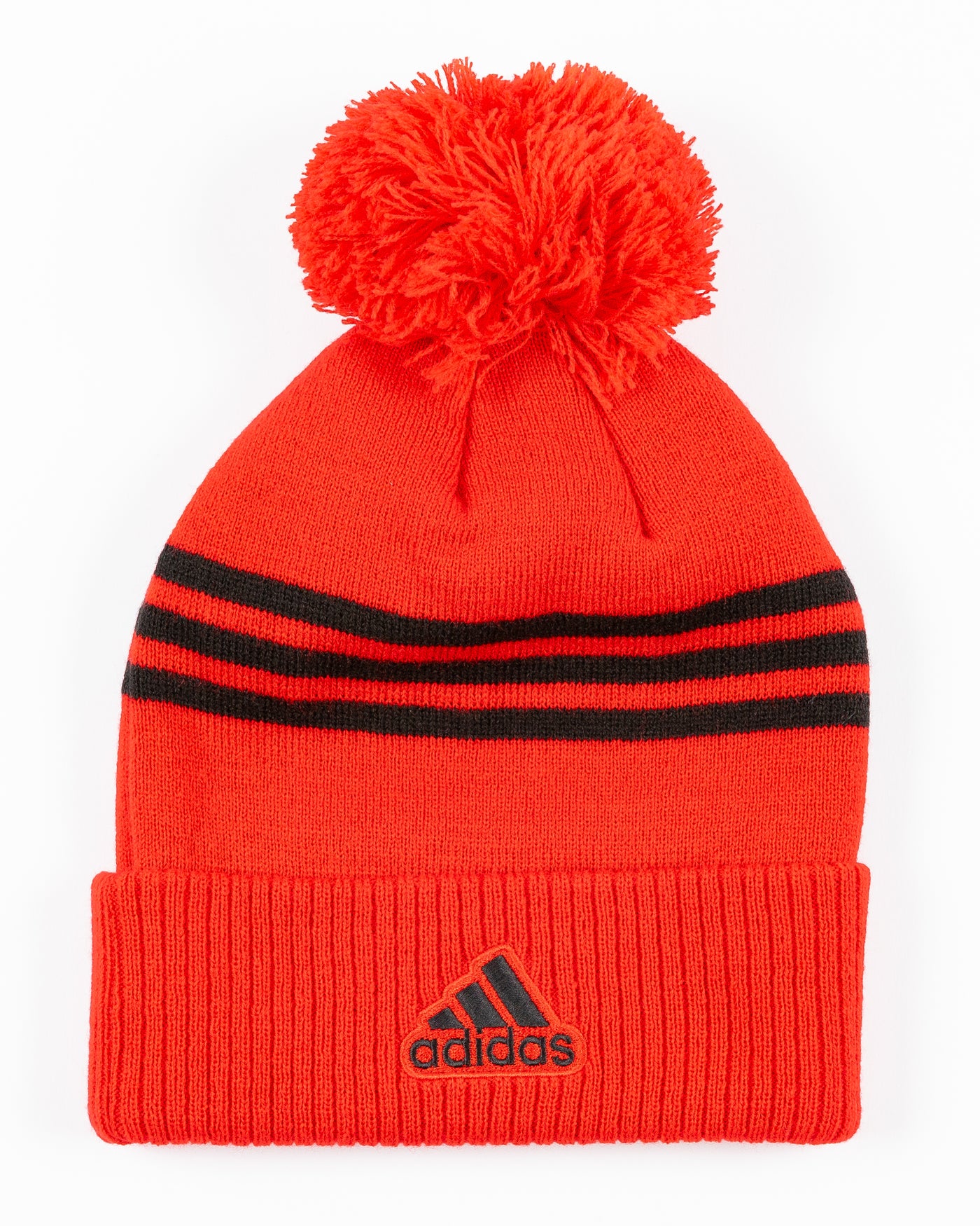 red adidas knit hat with pom with Chicago Blackhawks primary logo embroidered on cuff - back lay flat