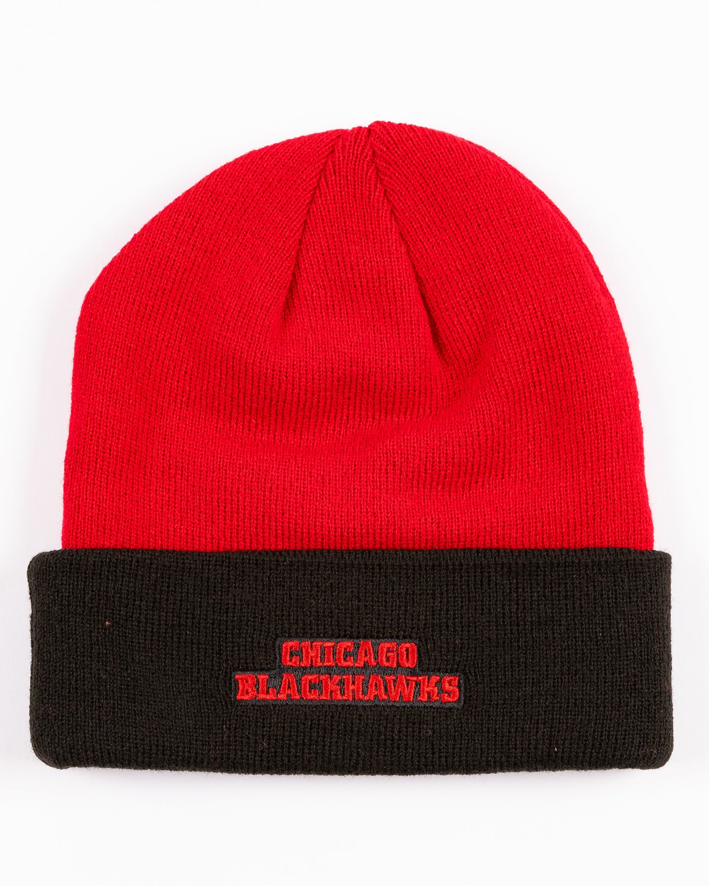 two tone youth knit beanie with Chicago Blackhawks tonal primary logo embroidered on cuff and wordmark embroidered on back - back lay flat