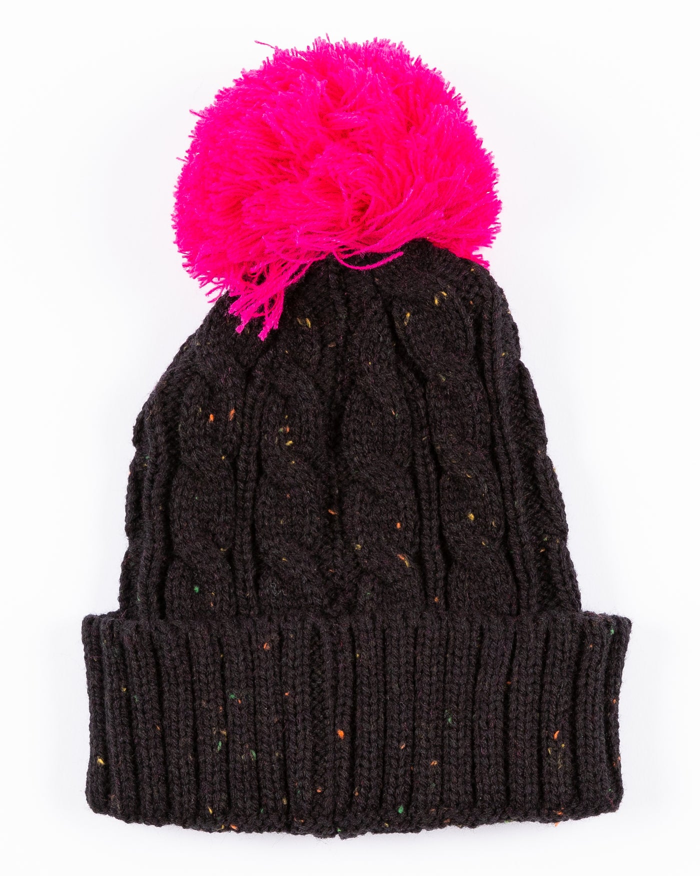 black youth knit beanie with pom with Chicago Blackhawks tonal pink primary logo embroidered on front - back lay flat