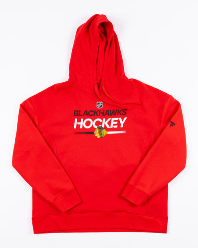red women's Fanatics hoodie with Chicago Blackhawks hockey wordmark and primary logo graphic across chest - front lay flat