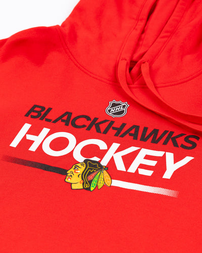 red women's Fanatics hoodie with Chicago Blackhawks hockey wordmark and primary logo graphic across chest - detail lay flat