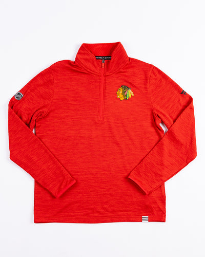 red Fanatics quarter zip with Chicago Blackhawks primary logo on left chest and wordmark on left back - front lay flat