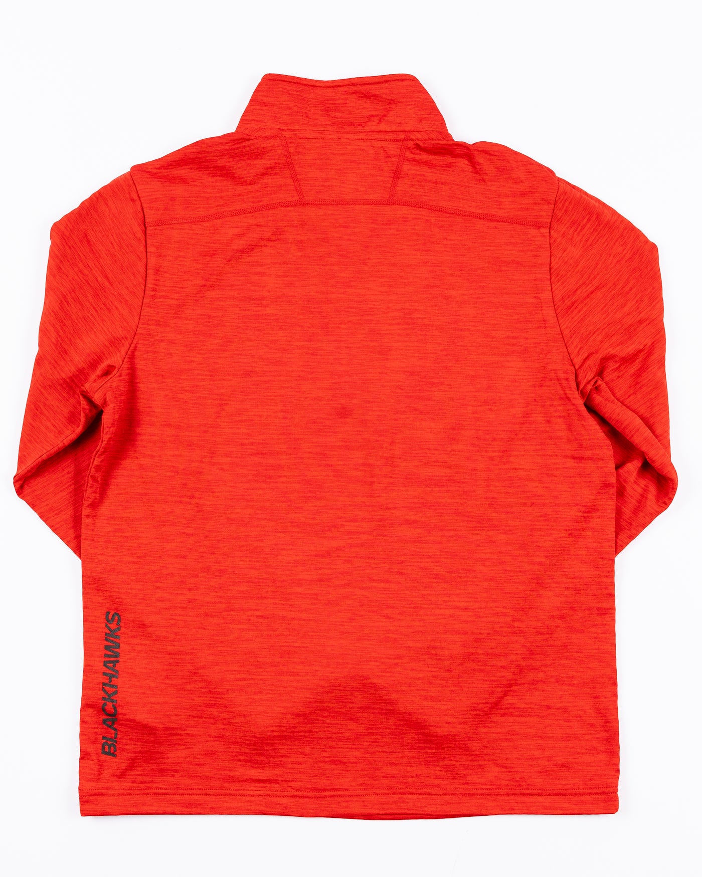 red Fanatics quarter zip with Chicago Blackhawks primary logo on left chest and wordmark on left back - back  lay flat