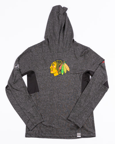 Fanatics lightweight black jacquard hoodie with Chicago Blackhawks primary logo on chest and wordmark on back - front lay flat