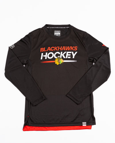 black Fanatics long sleeve tee with Chicago Blackhawks hockey wordmark and primary logo graphic across chest - front lay flat