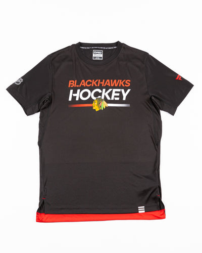 black Fanatics Authentic Pro tee with Chicago Blackhawks primary logo and wordmark across chest - front lay flat