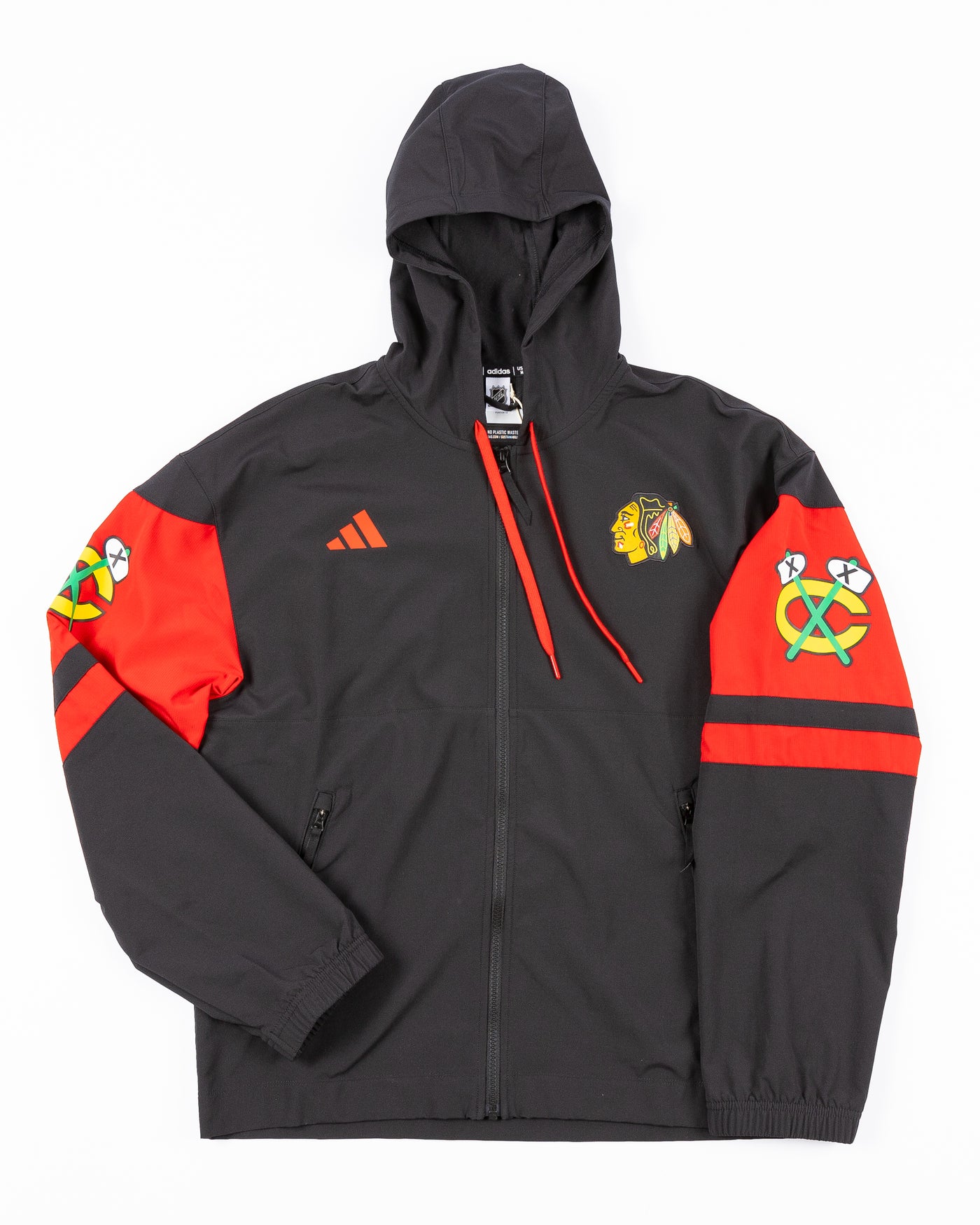 black and red adidas full zip hooded jacket with Chicago Blackhawks primary logo on left chest and secondary logo on both shoulders - front lay flat