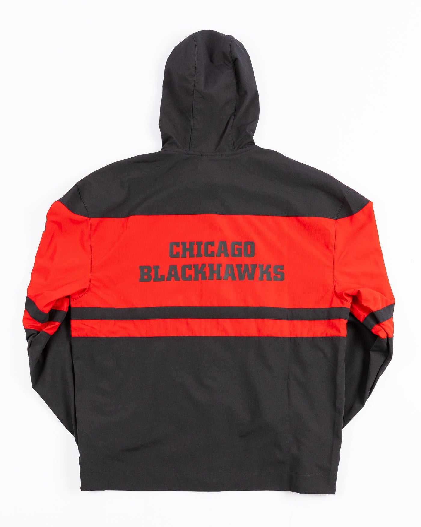 black and red adidas full zip hooded jacket with Chicago Blackhawks primary logo on left chest and secondary logo on both shoulders - back lay flat