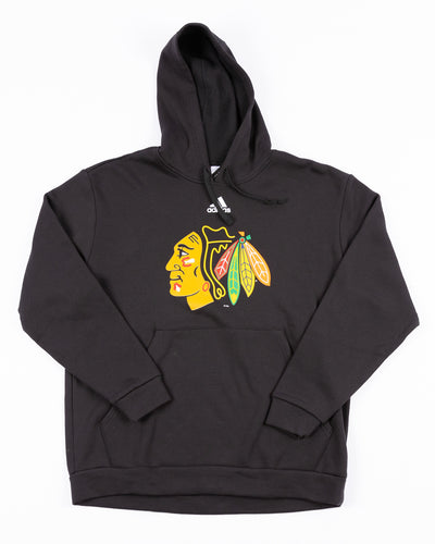 black adidas hoodie with Chicago Blackhawks primary logo on chest - front lay flat