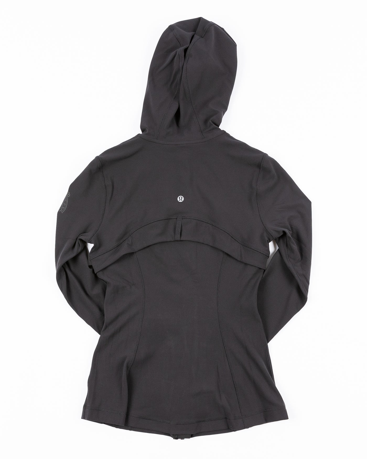 black lululemon hooded jacket with tonal Chicago Blackhawks logo printed on left shoulder - back lay flat