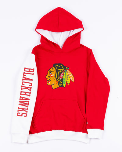 youth Champion hoodie with color block red and white design with Chicago Blackhawks wordmark on right sleeve and primary logo across chess - front lay flat