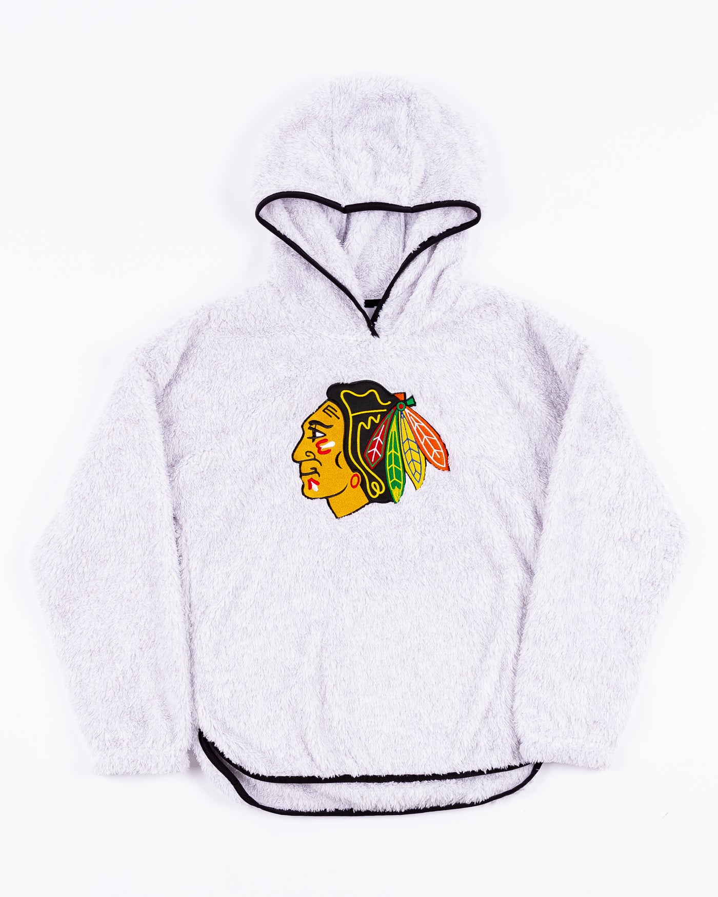 grey fuzzy youth Outerstuff hoodie with Chicago Blackhawks primary logo on front - front lay flat