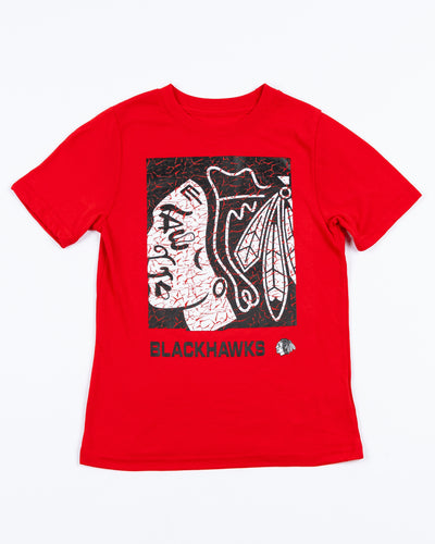 red youth tee with Chicago Blackhawks primary logo design across front - front lay flat