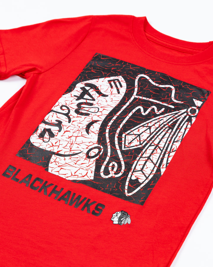 red youth tee with Chicago Blackhawks primary logo design across front - detail lay flat