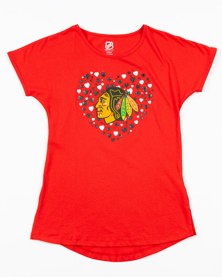 red youth tee with Chicago Blackhawks primary logo across chest surrounded by hearts - front lay flat