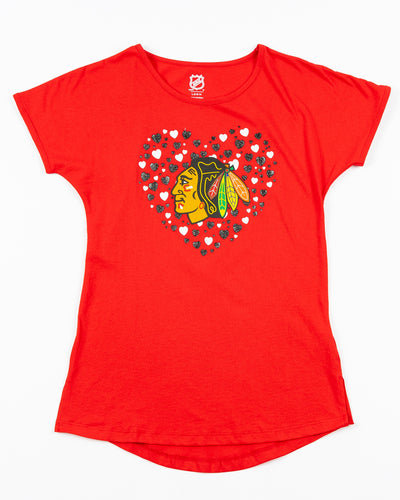red youth tee with Chicago Blackhawks primary logo across chest surrounded by hearts - front lay flat