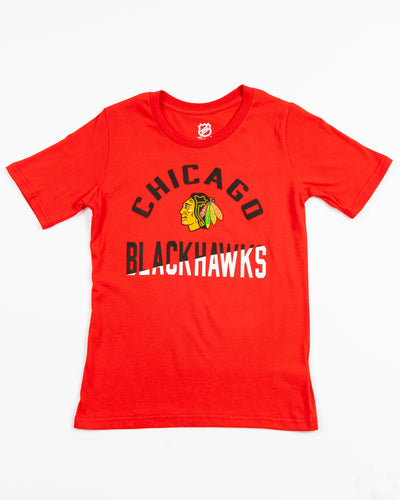 red youth tee with Chicago Blackhawks wordmark graphic surrounding primary logo - front lay flat
