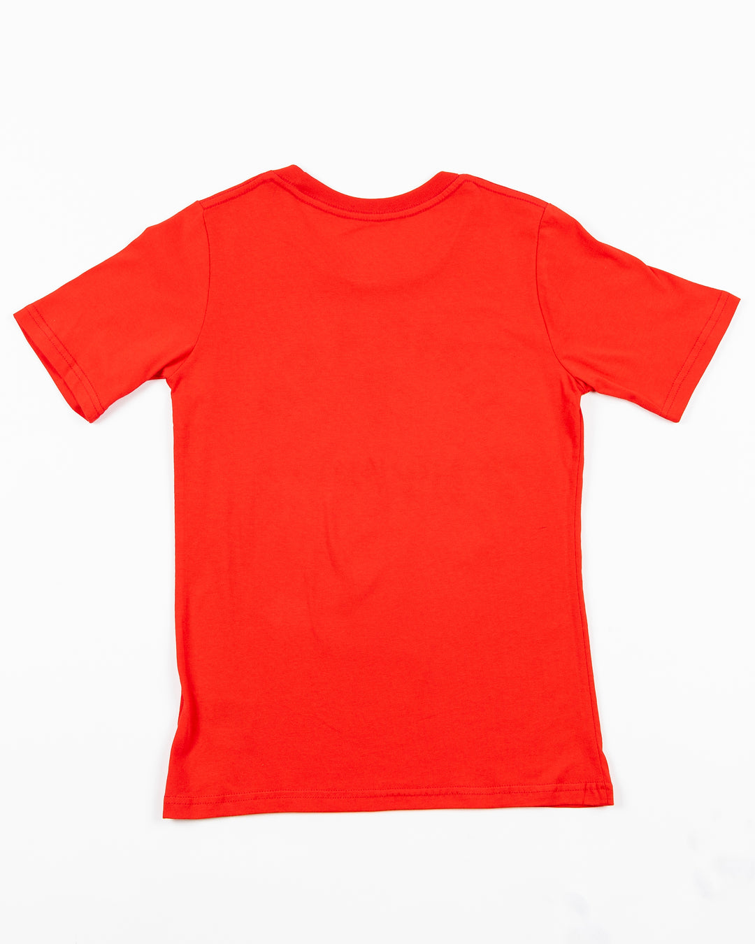 red youth tee with Chicago Blackhawks wordmark graphic surrounding primary logo - back lay flat