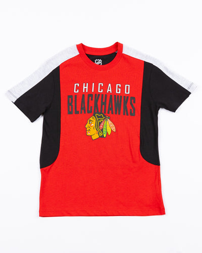 red black and grey color blocked youth tee with Chicago Blackhawks wordmark and primary logo graphic across front - front lay flat