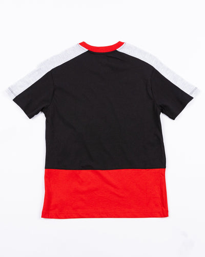 red black and grey color blocked youth tee with Chicago Blackhawks wordmark and primary logo graphic across front - back lay flat