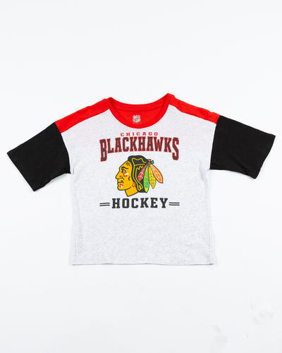 grey black and red color blocked youth tee with Chicago Blackhawks wordmark and primary logo across chest - front lay flat