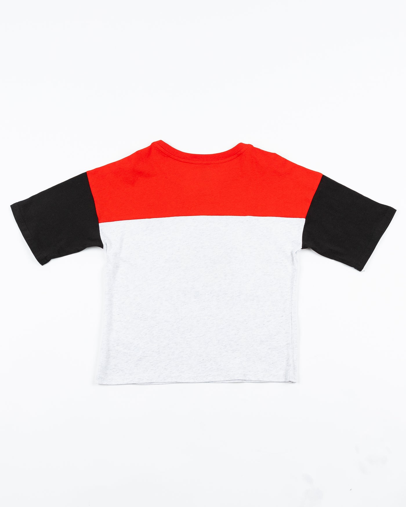 grey black and red color blocked youth tee with Chicago Blackhawks wordmark and primary logo across chest - back lay flat