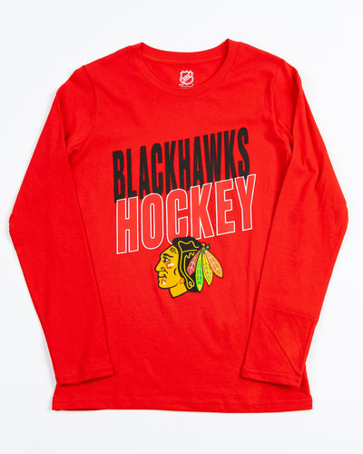 red youth long sleeve tee with Chicago Blackhawks hockey wordmark and primary logo across the front - front lay flat