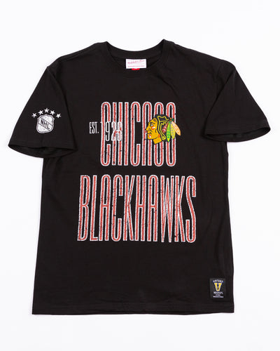 black youth Mitchell * Ness tee with Chicago Blackhawks wordmark and primary logo on front and wordmark on back - front lay flat