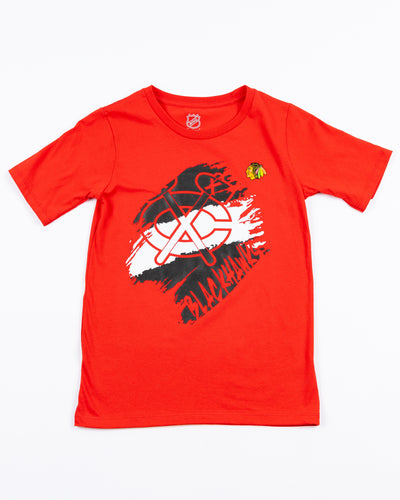 red youth tee with Chicago Blackhawks secondary logo design across front - front lay flat