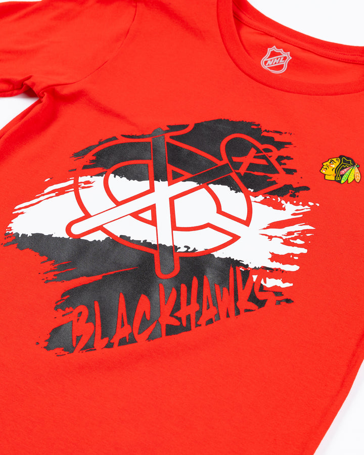 red youth tee with Chicago Blackhawks secondary logo design across front - detail lay flat