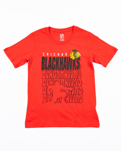 red youth tee with repeating Chicago Blackhawks wordmark and celly silhouette on front - front lay flat
