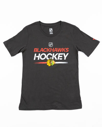 black youth Authentic Pro tee with Chicago Blackhawks hockey wordmark and primary logo on front - front lay flat