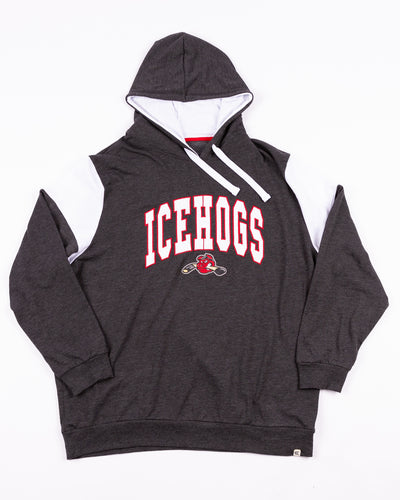 grey and white Colosseum hoodie with embroidered Rockford IceHogs wordmark and logo across front - front lay flat
