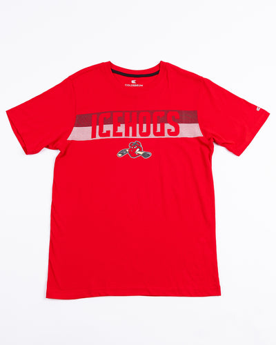 red Colosseum athletic tee with Rockford IceHogs wordmark and Hammy logo across chest - front lay flat