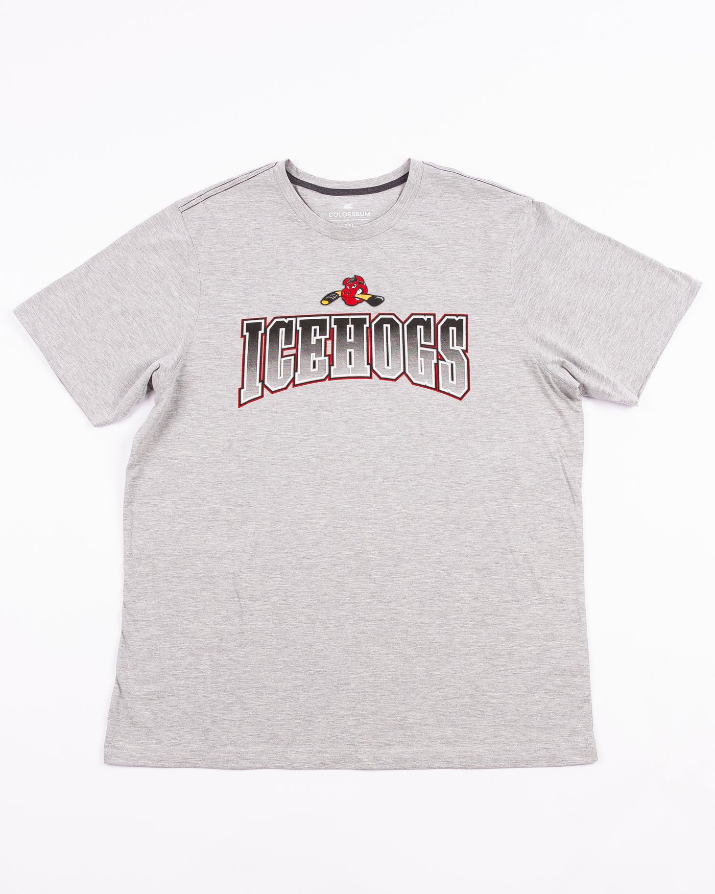 grey Colosseum tee with Rockford IceHogs wordmark and Hammy logo across chest - front lay flat