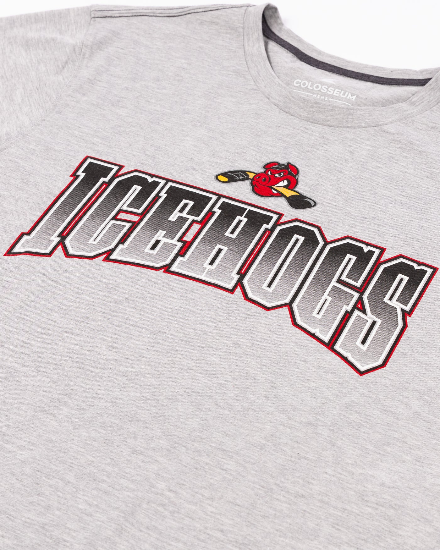 grey Colosseum tee with Rockford IceHogs wordmark and Hammy logo across chest - detail lay flat