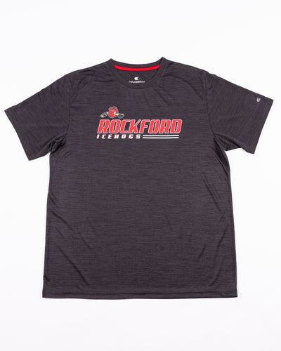 black Colosseum short sleeve tee with Rockford IceHogs wordmark and Hammy design across chest - front lay flat
