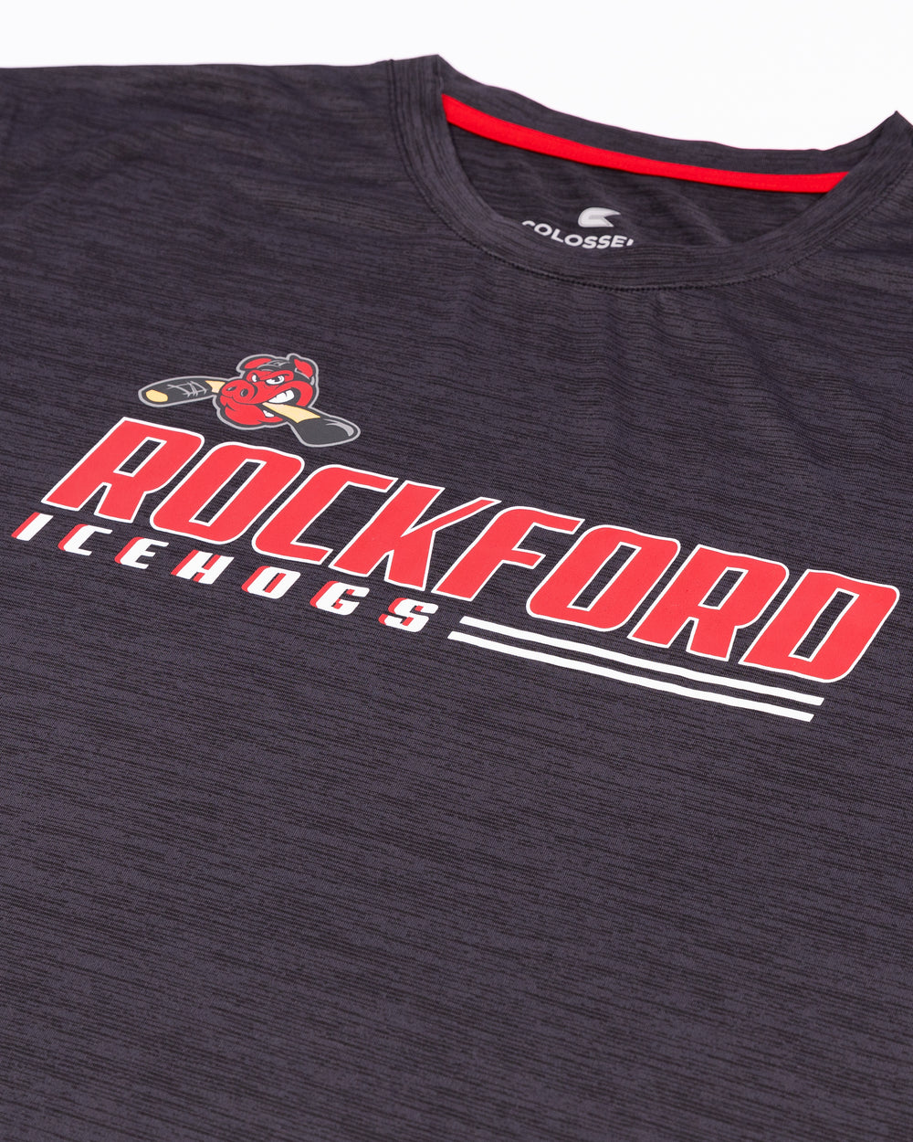 black Colosseum short sleeve tee with Rockford IceHogs wordmark and Hammy design across chest - detail lay flat