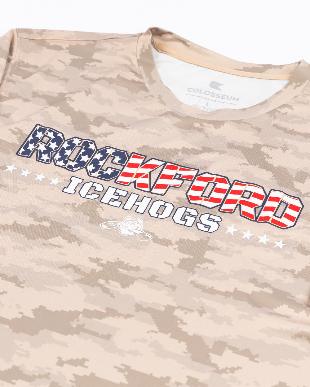 camouflage Rockford IceHogs Operation Hat Trick short sleeve tee with wordmark across the chest - detail lay flat 