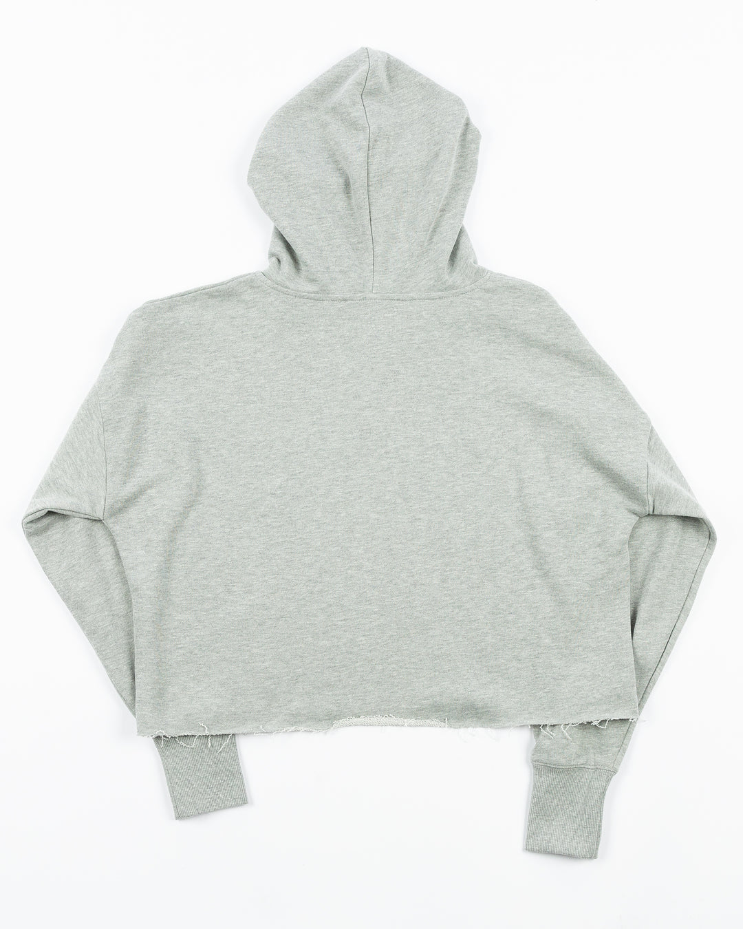 grey cropped ladies hoodie with Chicago Blackhawks wordmark and primary logo graphic across the front - back lay flat