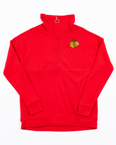 red half zip jacket with oversized collar and embroidered Chicago Blackhawks primary logo on left chest - front lay flat