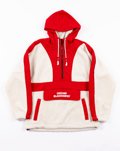 red and white sherpa New Era ladies quarter zip hood with Chicago Blackhawks wordmark on front pocket - front lay flat