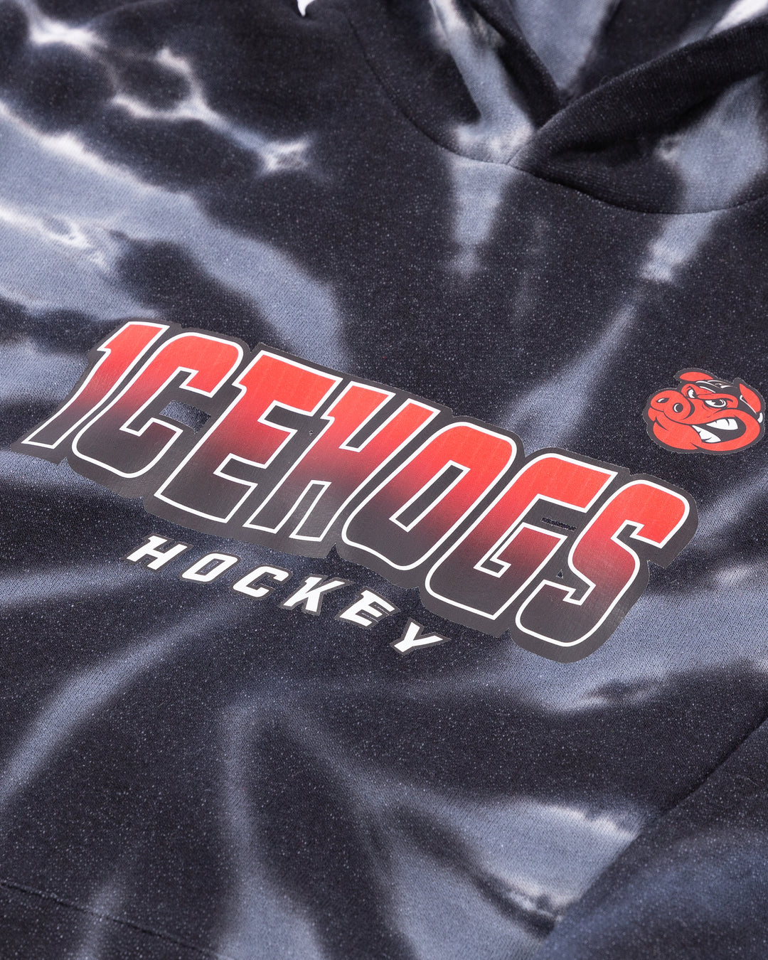 youth tie dye hoodie with Rockford IceHogs wordmark and Hammy graphic across front - detail  lay flat