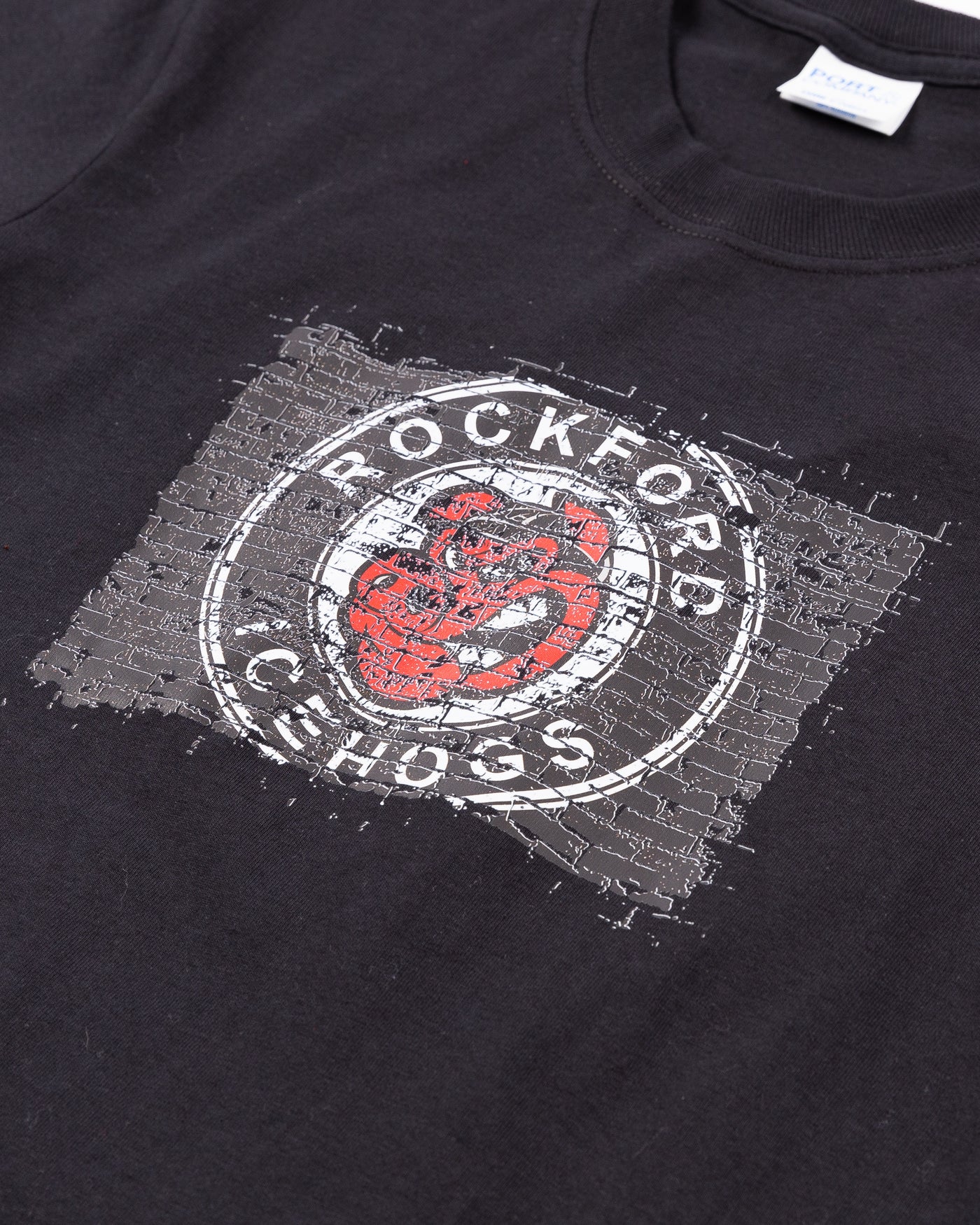 black youth tee with Rockford IceHogs brick art inspired graphic across front - detail lay flat